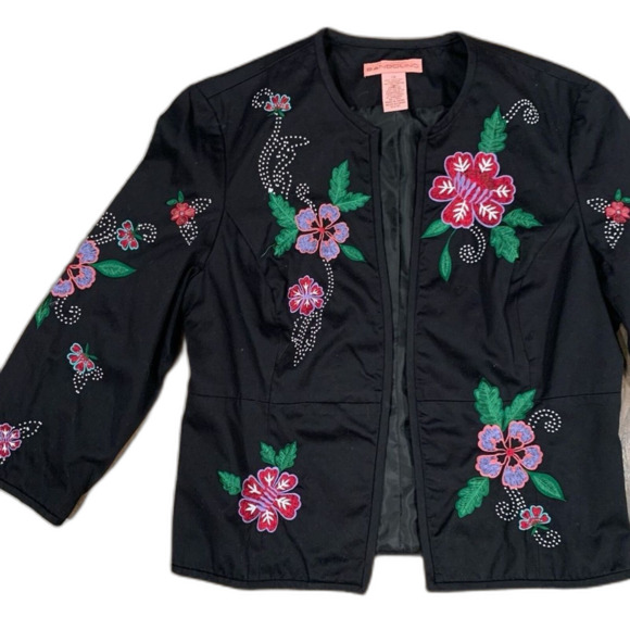 Bandolino Floral Tapestry Black Bolero Open Front Cotton Blazer Size 12 - Picture 3 of 8